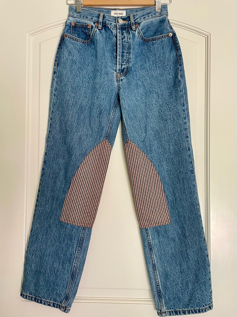Still Here Childhood Straight Jeans Regular Fit Blue Denim Houndstooth Cotton 24 - Picture 1 of 7